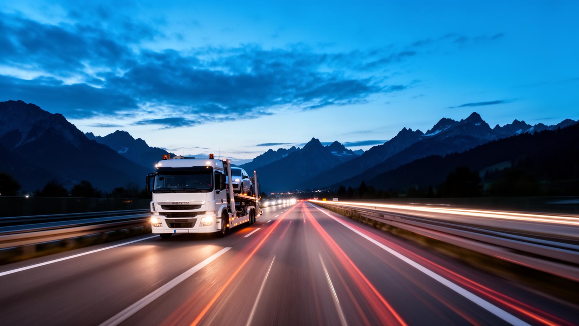 Véhicule en convoyage sur autoroute européenne au crépuscule