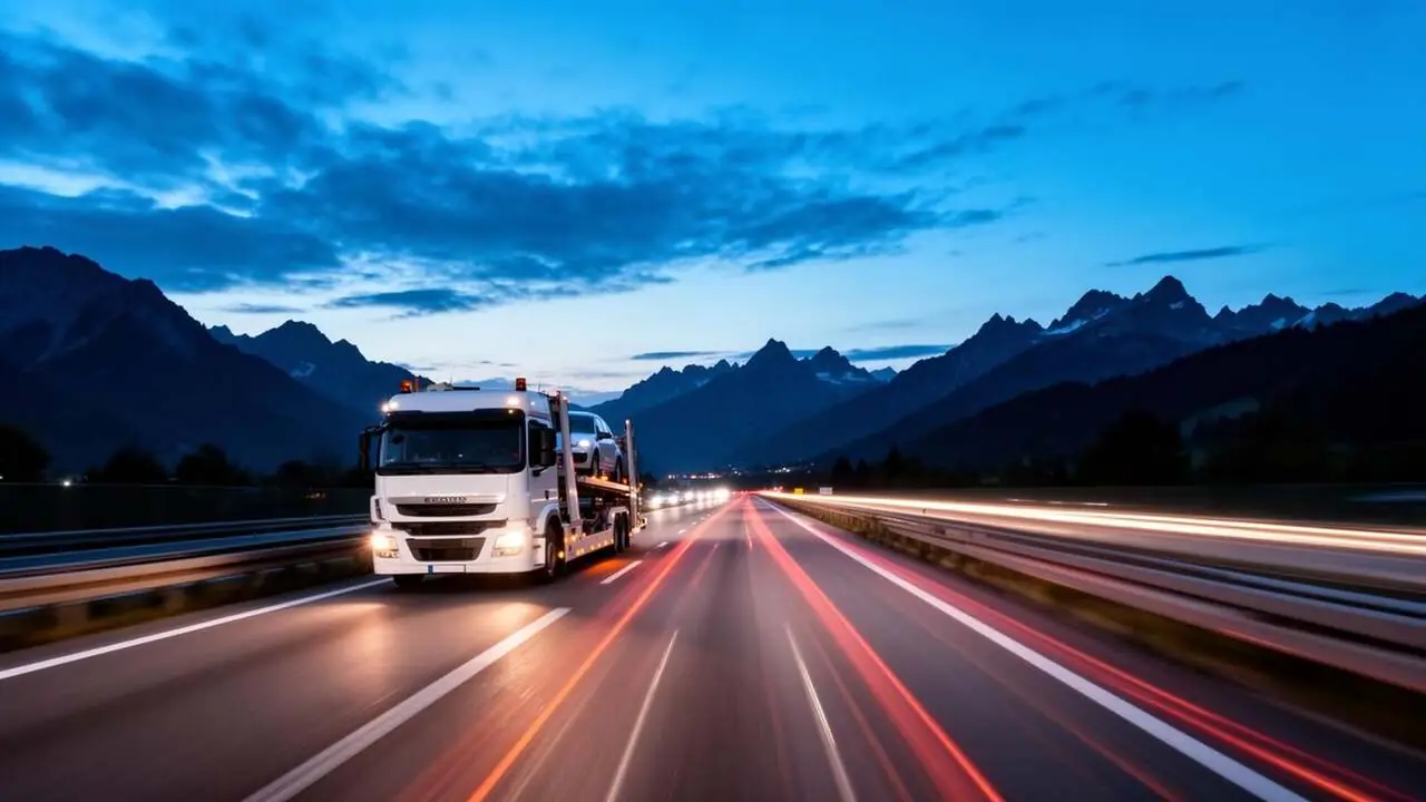 Véhicule en convoyage sur autoroute européenne au crépuscule